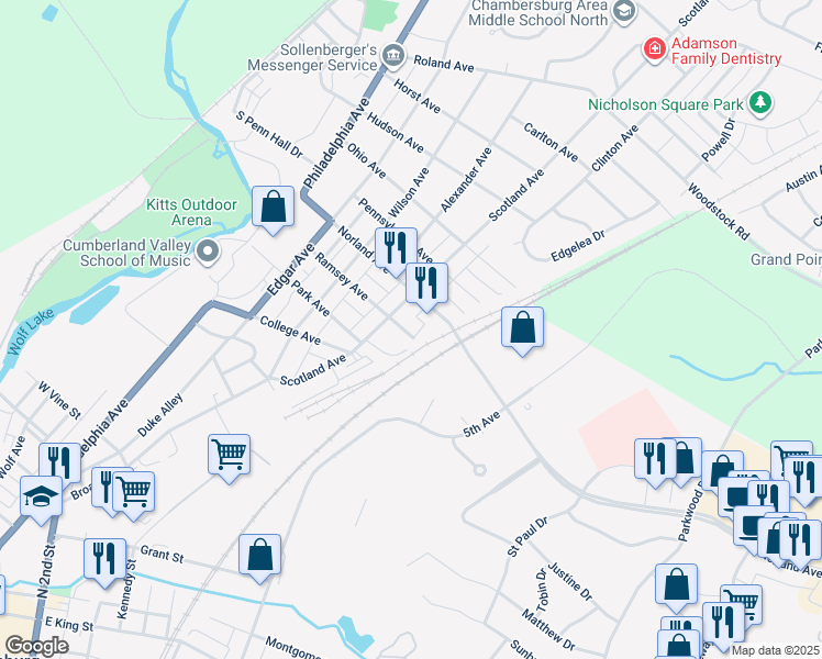 map of restaurants, bars, coffee shops, grocery stores, and more near 439 Ramsey Avenue in Chambersburg