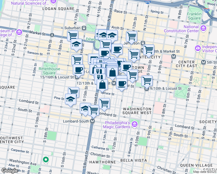 map of restaurants, bars, coffee shops, grocery stores, and more near 247 South Juniper Street in Philadelphia