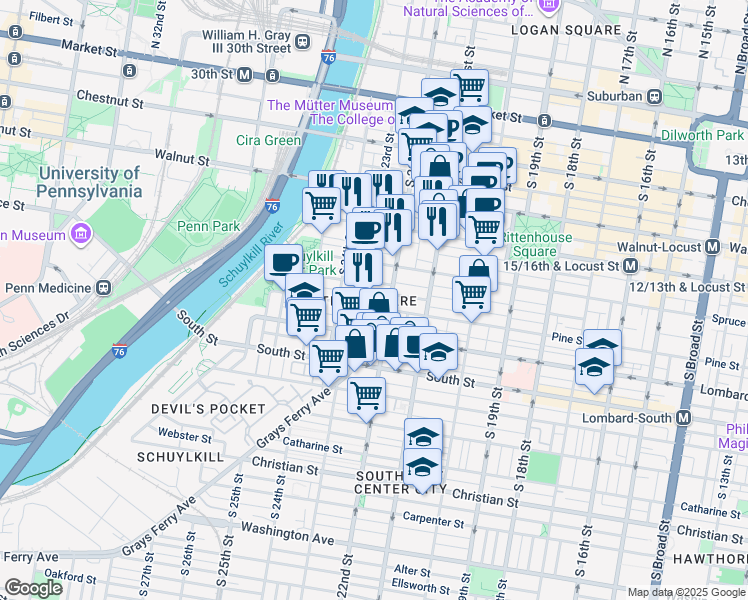 map of restaurants, bars, coffee shops, grocery stores, and more near 2218 Panama Street in Philadelphia
