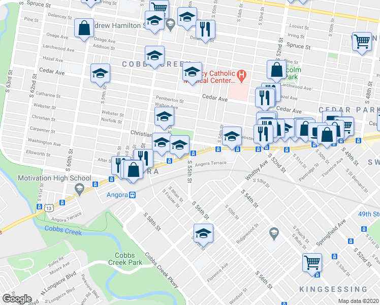 map of restaurants, bars, coffee shops, grocery stores, and more near 5501 Baltimore Avenue in Philadelphia