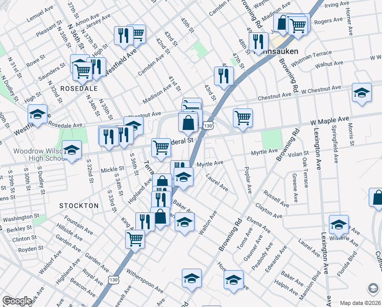 map of restaurants, bars, coffee shops, grocery stores, and more near 20 South 41st Street in Camden