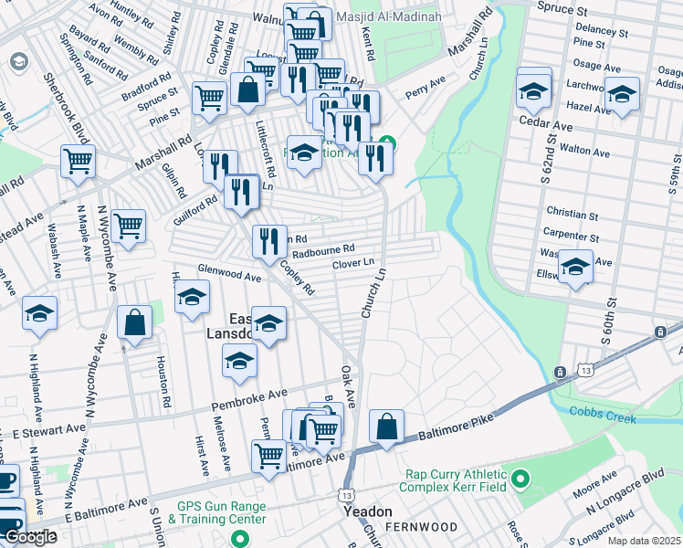 map of restaurants, bars, coffee shops, grocery stores, and more near 7069 Greenwood Avenue in Upper Darby