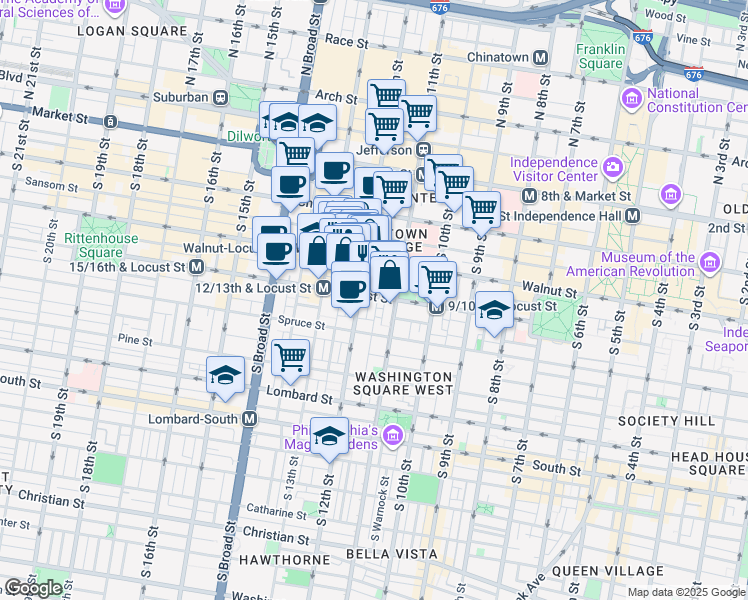 map of restaurants, bars, coffee shops, grocery stores, and more near 1111 Locust Street in Philadelphia