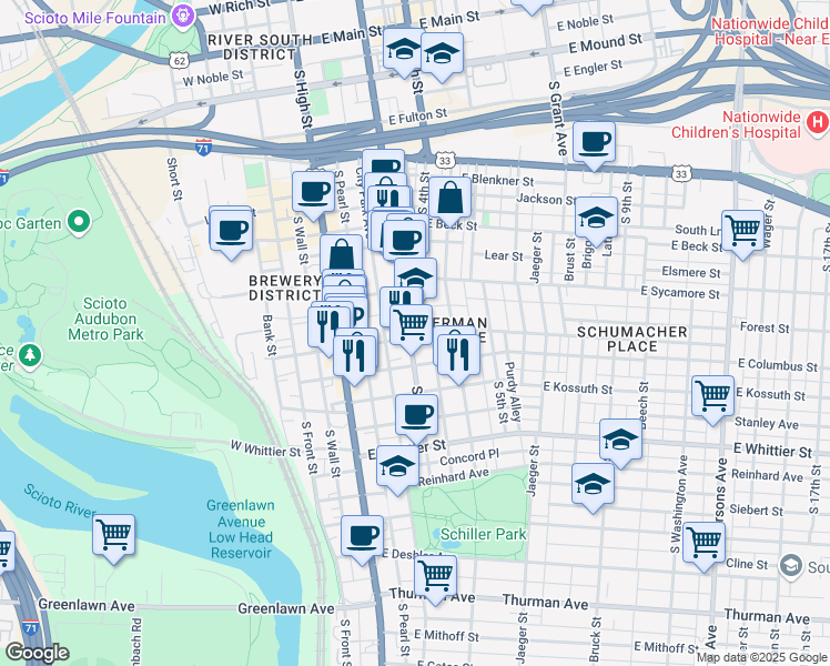 map of restaurants, bars, coffee shops, grocery stores, and more near 728 South 3rd Street in Columbus