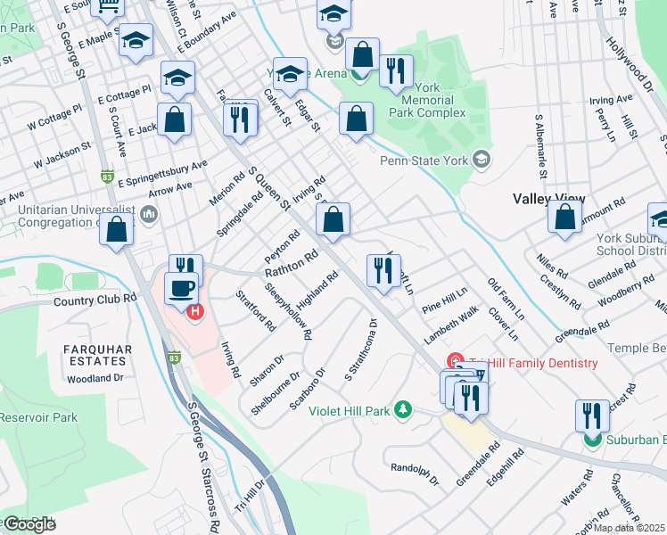 map of restaurants, bars, coffee shops, grocery stores, and more near 195 Highland Road in York