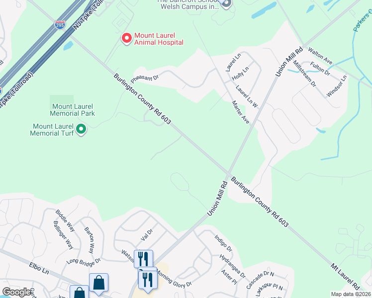 map of restaurants, bars, coffee shops, grocery stores, and more near 267 Mount Laurel Road in Mount Laurel Township