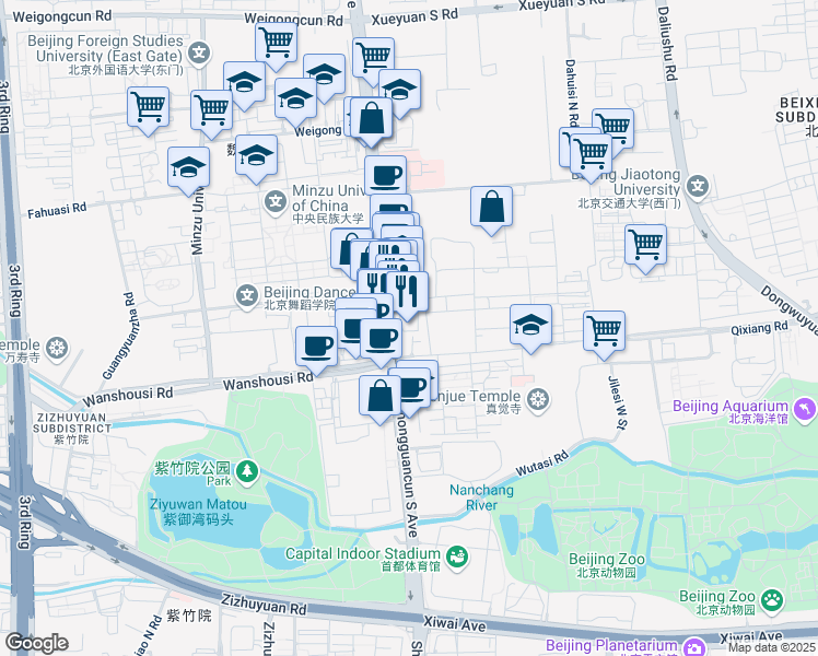 map of restaurants, bars, coffee shops, grocery stores, and more near Zhongguancun South Street in Beijing
