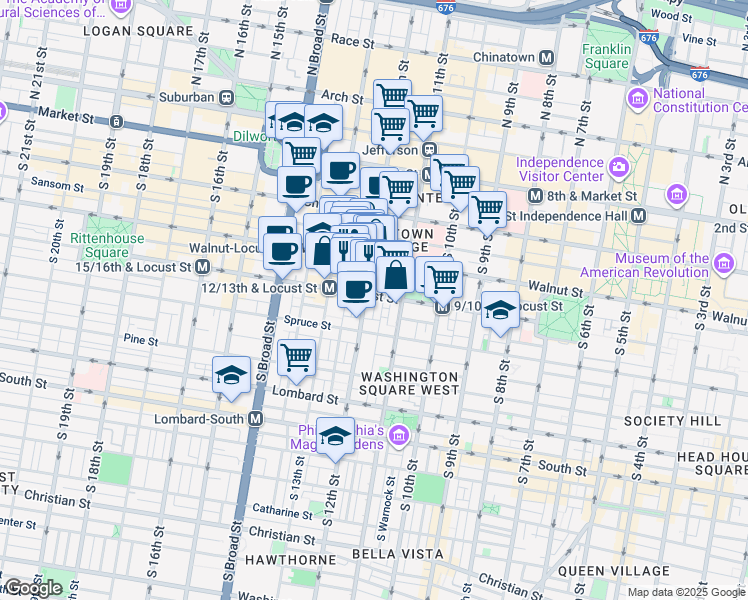 map of restaurants, bars, coffee shops, grocery stores, and more near 1120 Locust Street in Philadelphia