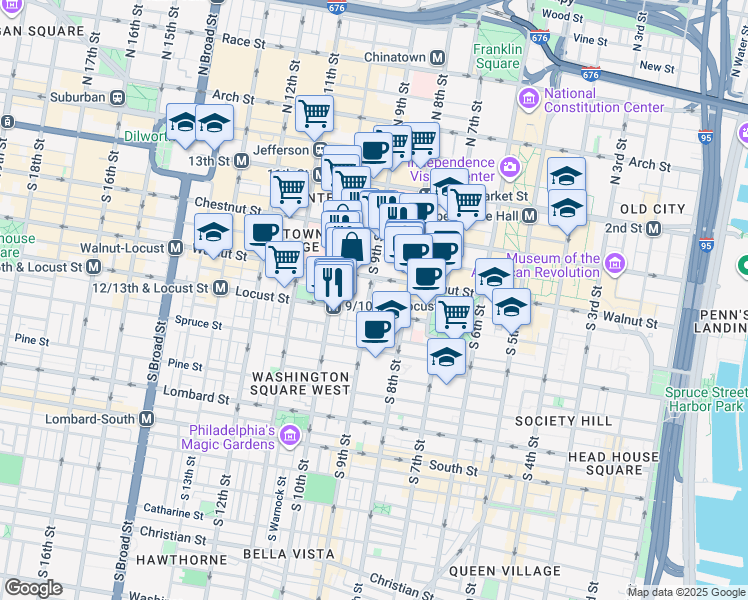 map of restaurants, bars, coffee shops, grocery stores, and more near 219 South 9th Street in Philadelphia