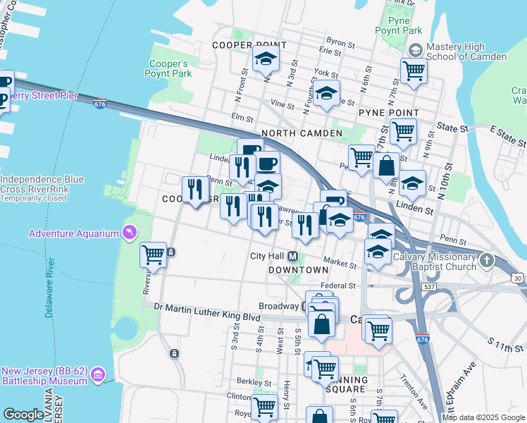 map of restaurants, bars, coffee shops, grocery stores, and more near 305 Cooper Street in Camden