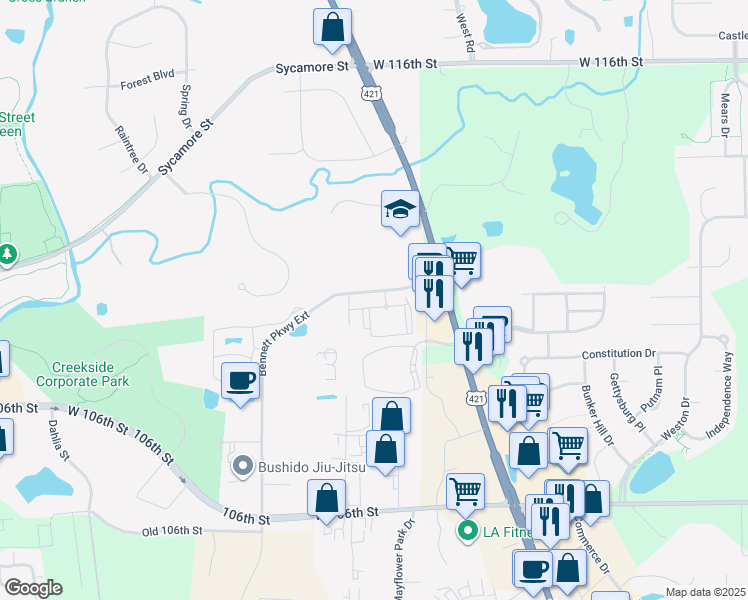 map of restaurants, bars, coffee shops, grocery stores, and more near 5050 Talbott Drive in Zionsville