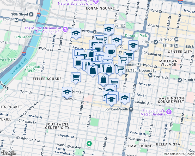 map of restaurants, bars, coffee shops, grocery stores, and more near 1734 Spruce Street in Philadelphia