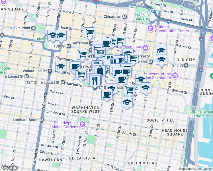 map of restaurants, bars, coffee shops, grocery stores, and more near 219 South 9th Street in Philadelphia