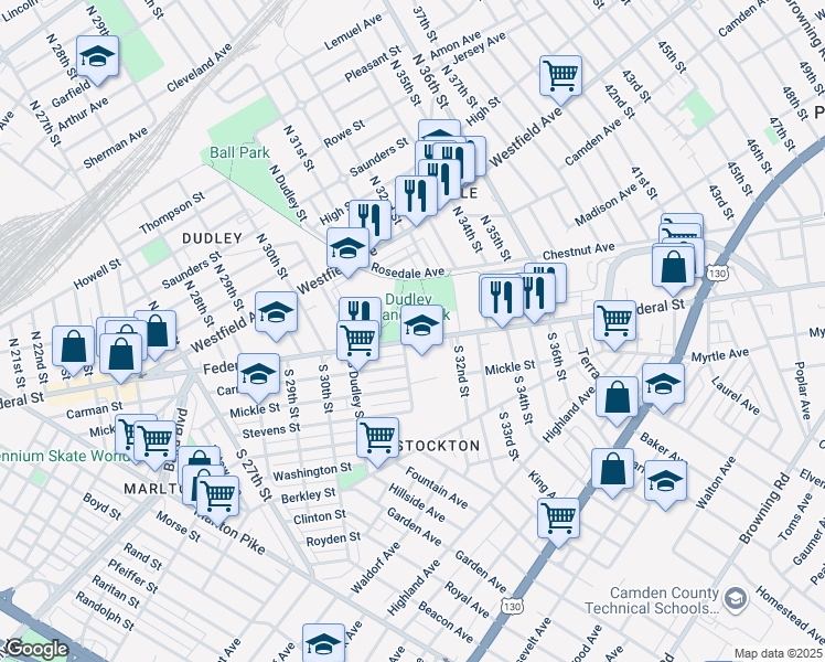 map of restaurants, bars, coffee shops, grocery stores, and more near 3101 Federal Street in Camden