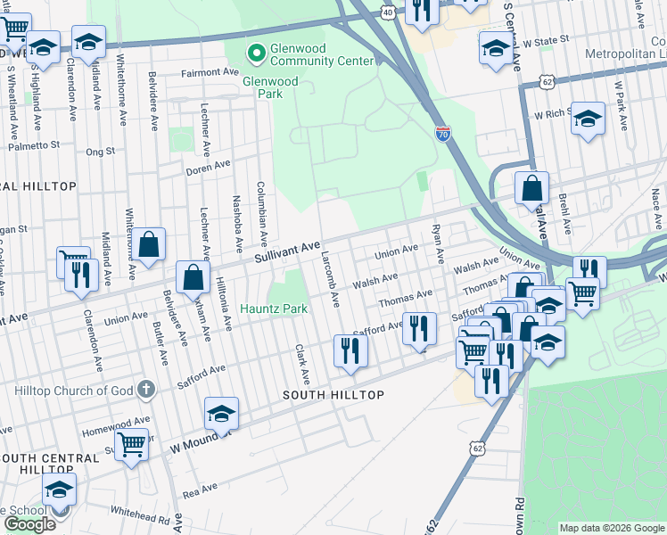 map of restaurants, bars, coffee shops, grocery stores, and more near 421 Townsend Avenue in Columbus