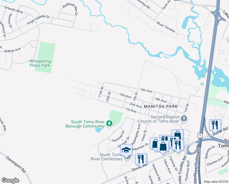 map of restaurants, bars, coffee shops, grocery stores, and more near 241 3rd Avenue in Toms River