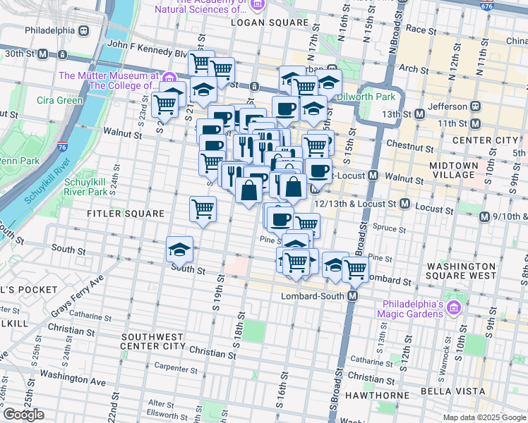 map of restaurants, bars, coffee shops, grocery stores, and more near 1730 Spruce Street in Philadelphia