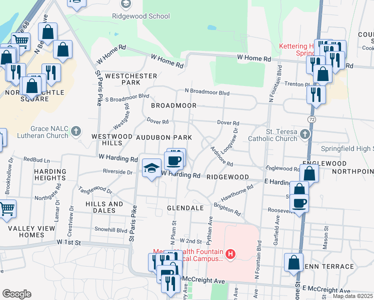 map of restaurants, bars, coffee shops, grocery stores, and more near Walnut Terrace in Springfield