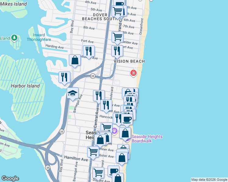 map of restaurants, bars, coffee shops, grocery stores, and more near 1515 Ocean Boulevard in Seaside Heights
