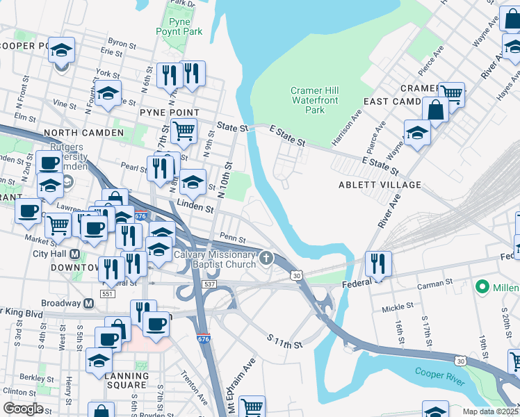 map of restaurants, bars, coffee shops, grocery stores, and more near 1105 Linden Street in Camden