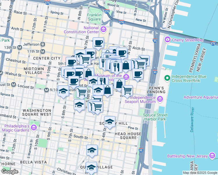 map of restaurants, bars, coffee shops, grocery stores, and more near 414 Chestnut Street in Philadelphia