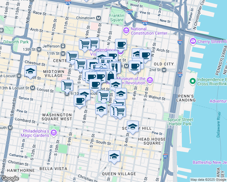 map of restaurants, bars, coffee shops, grocery stores, and more near 601 Walnut Street in Philadelphia