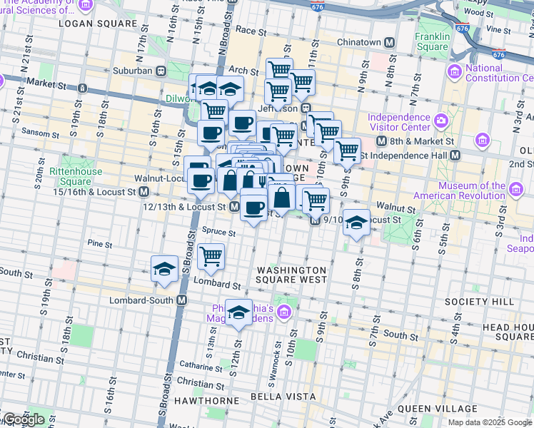 map of restaurants, bars, coffee shops, grocery stores, and more near 1111 Locust Street in Philadelphia