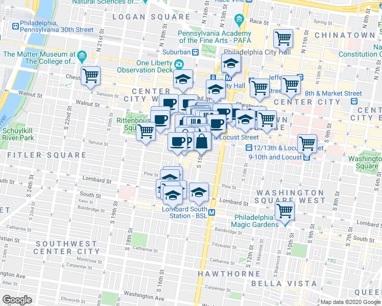 map of restaurants, bars, coffee shops, grocery stores, and more near in Philadelphia
