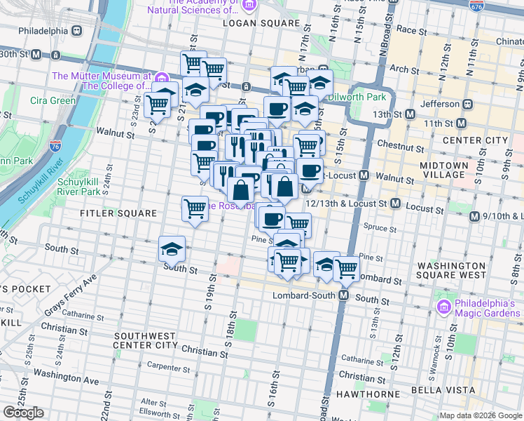 map of restaurants, bars, coffee shops, grocery stores, and more near 237 South 18th Street in Philadelphia