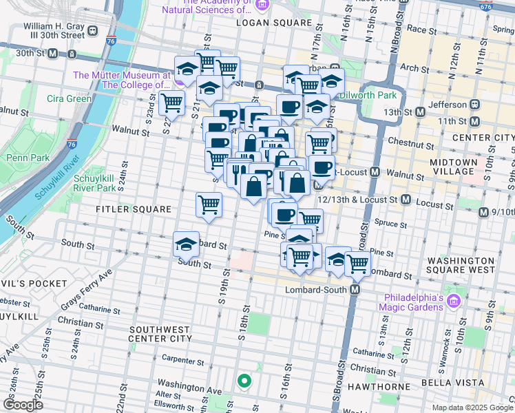 map of restaurants, bars, coffee shops, grocery stores, and more near 237 South 18th Street in Philadelphia