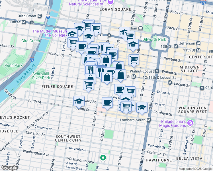 map of restaurants, bars, coffee shops, grocery stores, and more near in Philadelphia