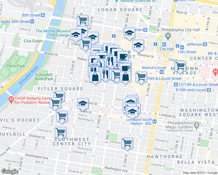 map of restaurants, bars, coffee shops, grocery stores, and more near in Philadelphia