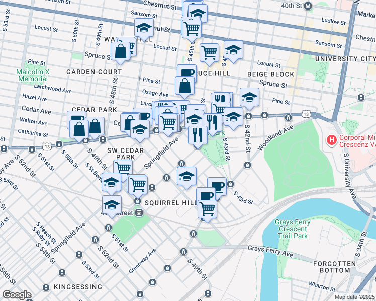 map of restaurants, bars, coffee shops, grocery stores, and more near 4400 Baltimore Avenue in Philadelphia