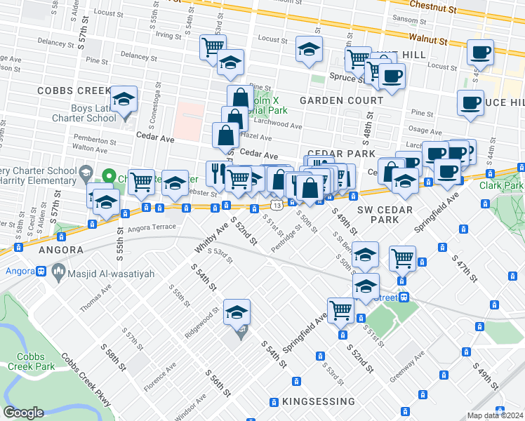 map of restaurants, bars, coffee shops, grocery stores, and more near 5047 Baltimore Avenue in Philadelphia