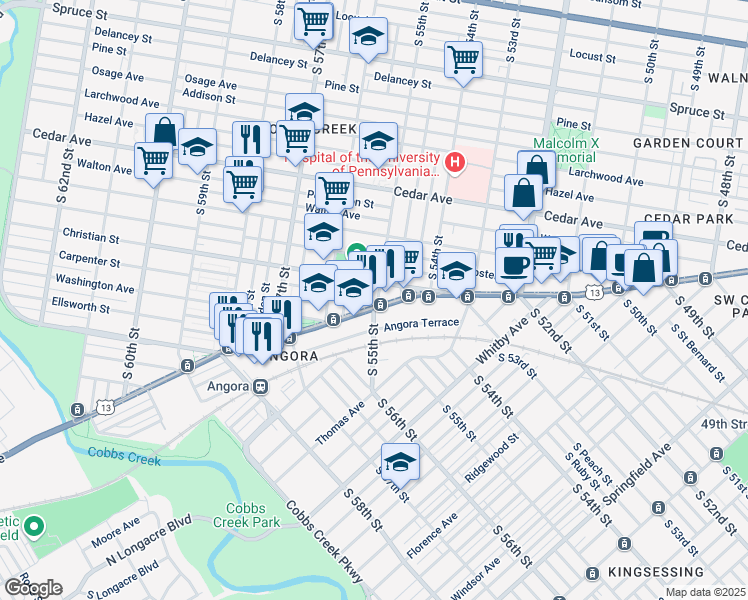 map of restaurants, bars, coffee shops, grocery stores, and more near 801-817 South 55th Street in Philadelphia