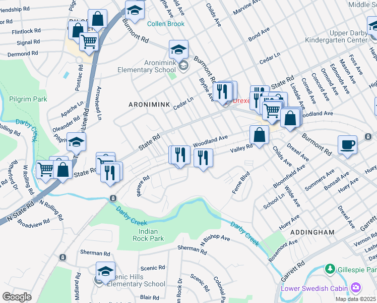map of restaurants, bars, coffee shops, grocery stores, and more near 4726 Woodland Avenue in Drexel Hill