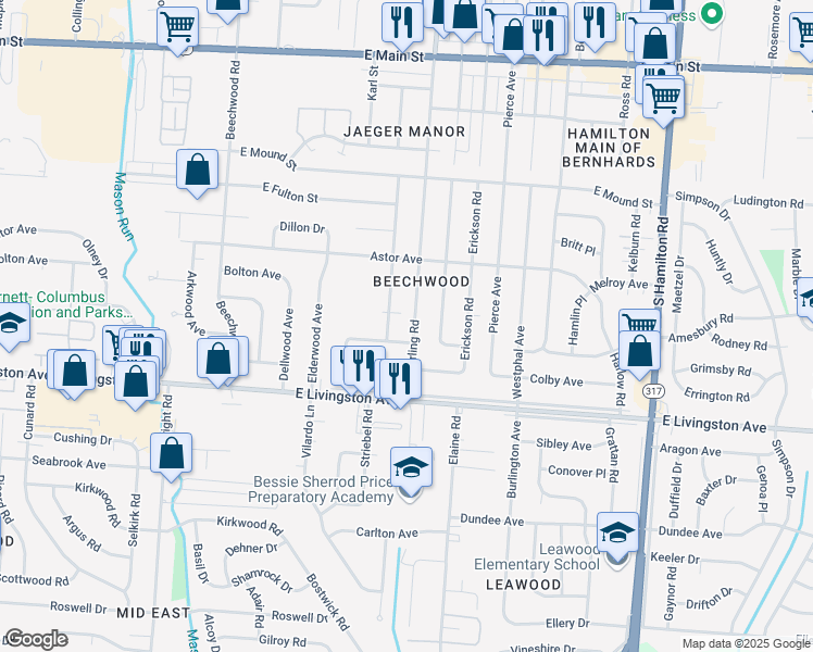 map of restaurants, bars, coffee shops, grocery stores, and more near 1274 South Yearling Road in Columbus