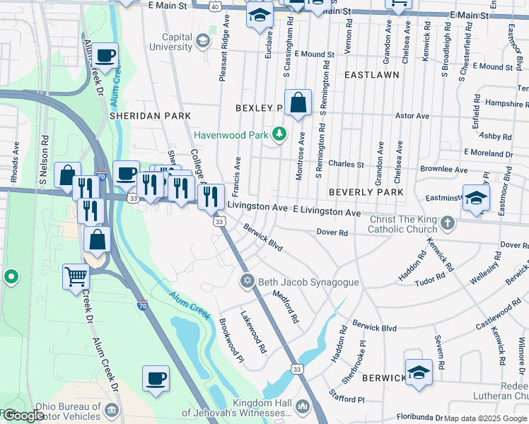 map of restaurants, bars, coffee shops, grocery stores, and more near 2380 East Livingston Avenue in Columbus