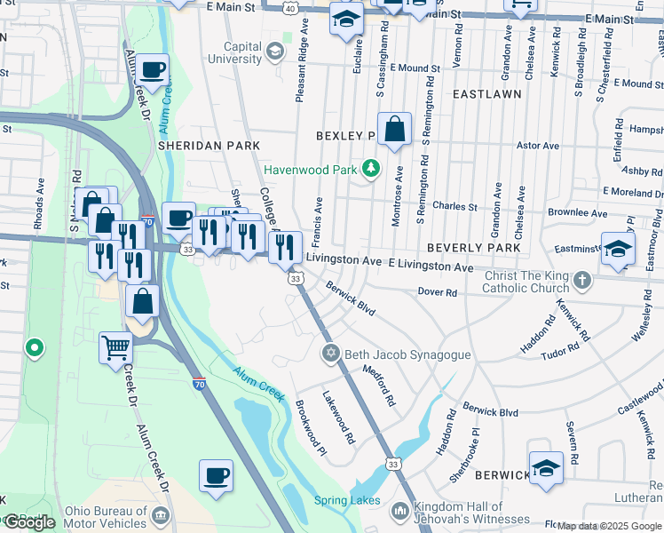 map of restaurants, bars, coffee shops, grocery stores, and more near 2326 East Livingston Avenue in Bexley