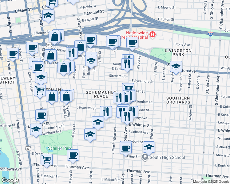 map of restaurants, bars, coffee shops, grocery stores, and more near 484-498 Forest Street in Columbus