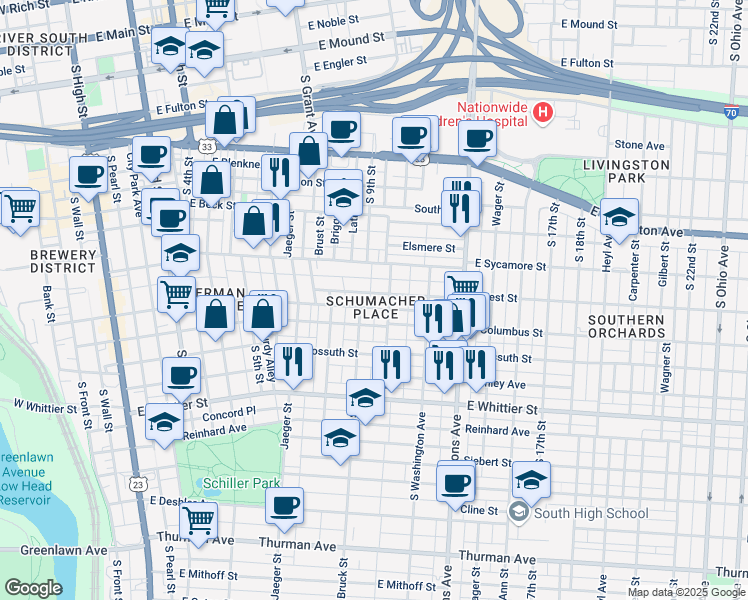 map of restaurants, bars, coffee shops, grocery stores, and more near 753 Beech Street in Columbus