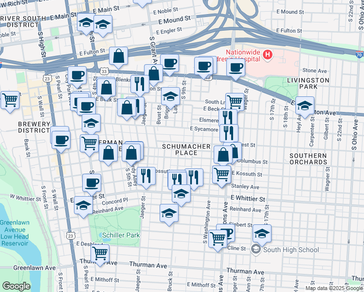 map of restaurants, bars, coffee shops, grocery stores, and more near 380 Forest Street in Columbus