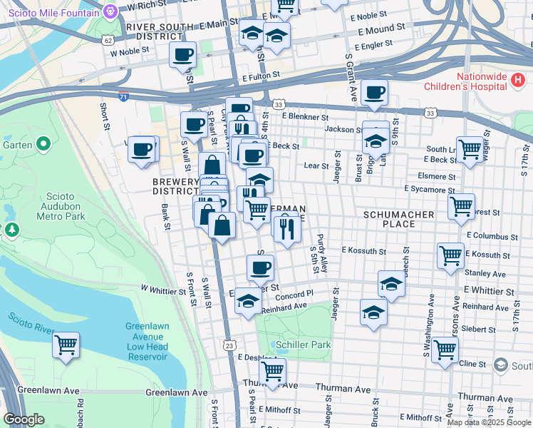 map of restaurants, bars, coffee shops, grocery stores, and more near 720 South 3rd Street in Columbus