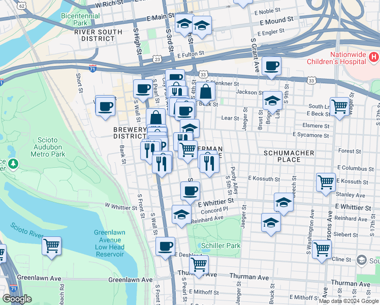map of restaurants, bars, coffee shops, grocery stores, and more near 720 South 3rd Street in Columbus