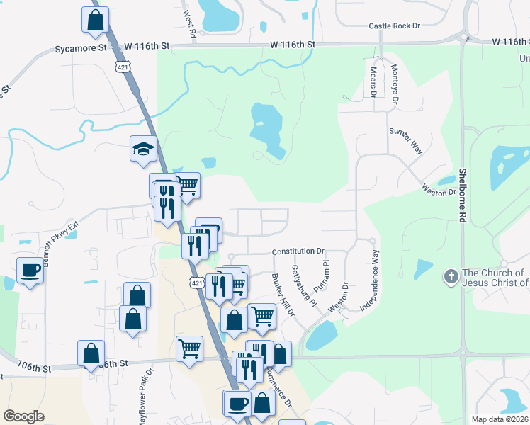map of restaurants, bars, coffee shops, grocery stores, and more near 4056 Much Marcle Drive in Zionsville