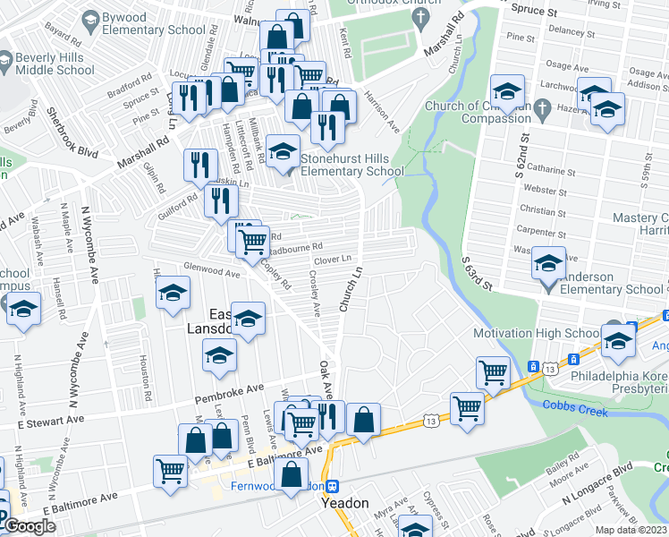 map of restaurants, bars, coffee shops, grocery stores, and more near 7043 Greenwood Avenue in Upper Darby