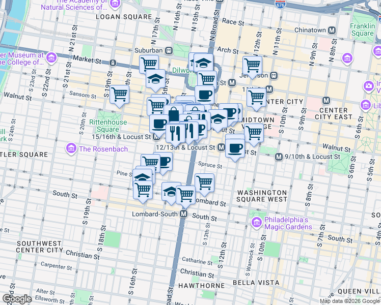 map of restaurants, bars, coffee shops, grocery stores, and more near 250 South Broad Street in Philadelphia