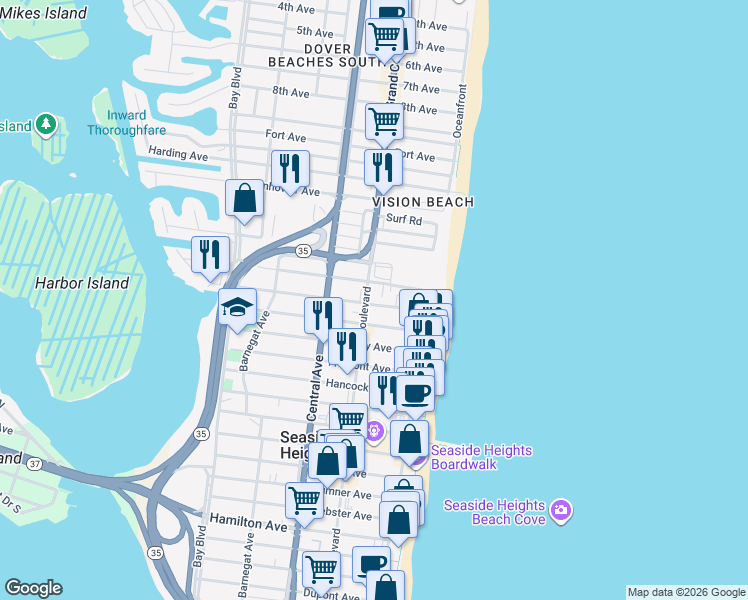 map of restaurants, bars, coffee shops, grocery stores, and more near in Seaside Heights