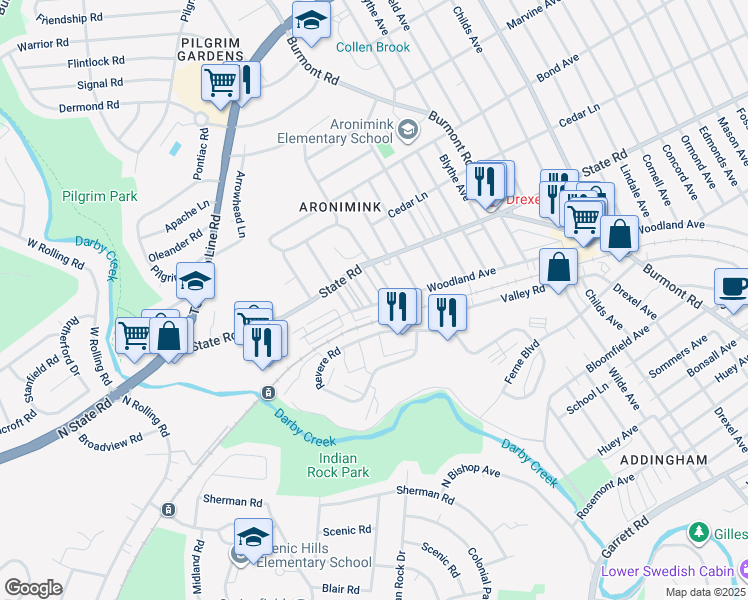 map of restaurants, bars, coffee shops, grocery stores, and more near 709 Wildell Road in Drexel Hill