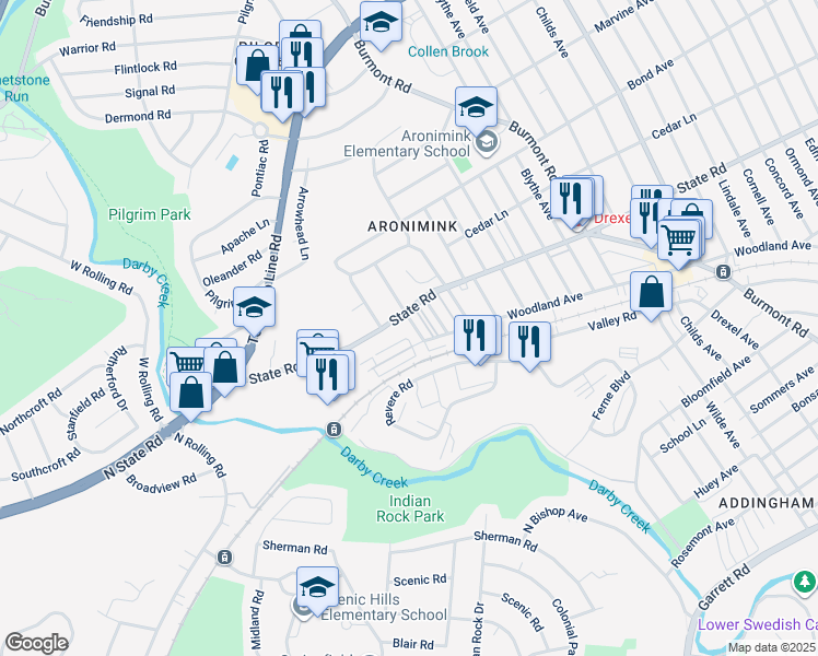 map of restaurants, bars, coffee shops, grocery stores, and more near 712 Clarendon Rd in Drexel Hill